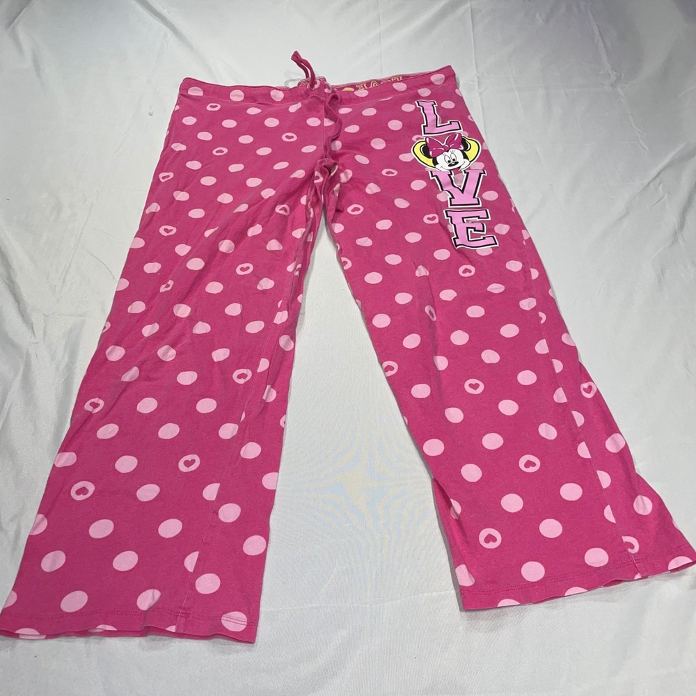 Disney Minnie Mouse Pink Polka Dot Heart Pajama Pants Love Graphic Medium
